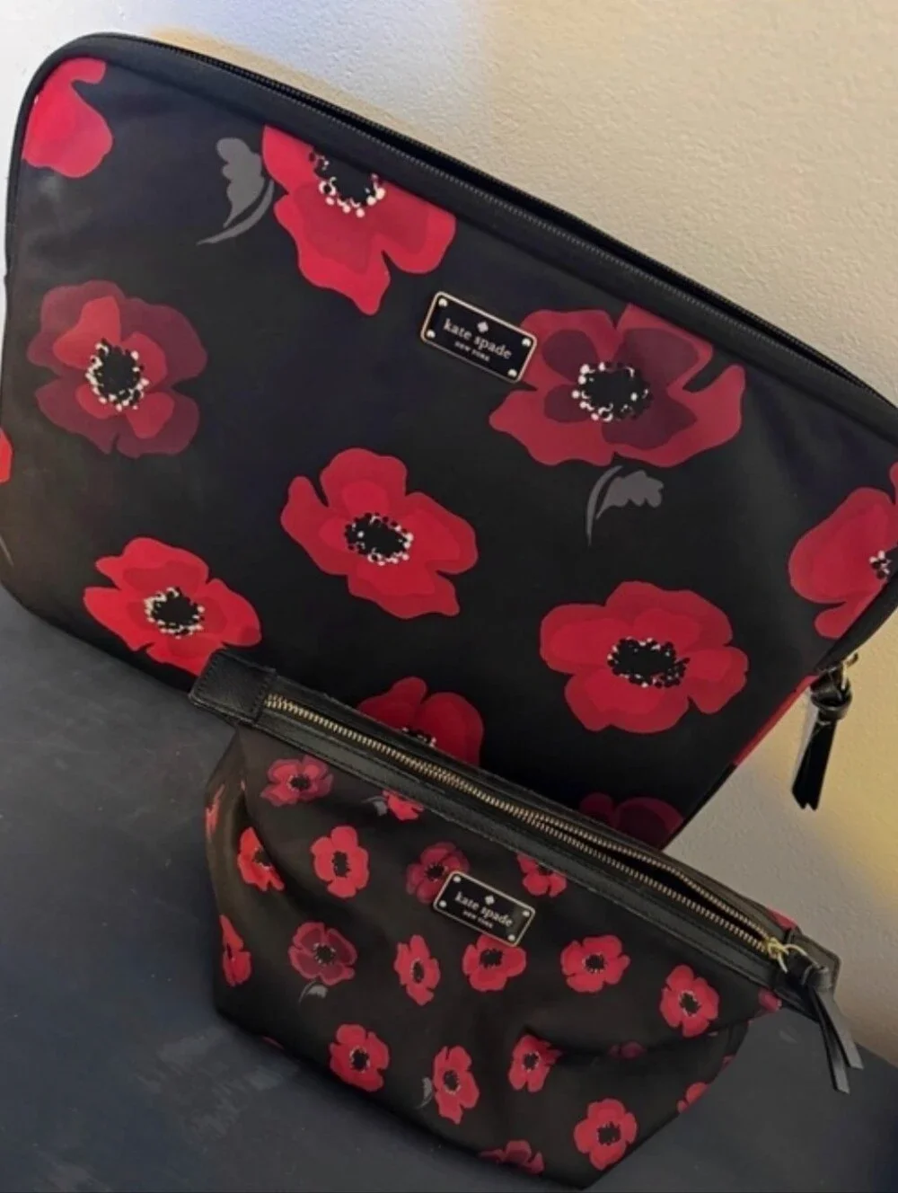 kate spade Black Laptop Sleeve & Pouch with Red Floral Print/BNWT